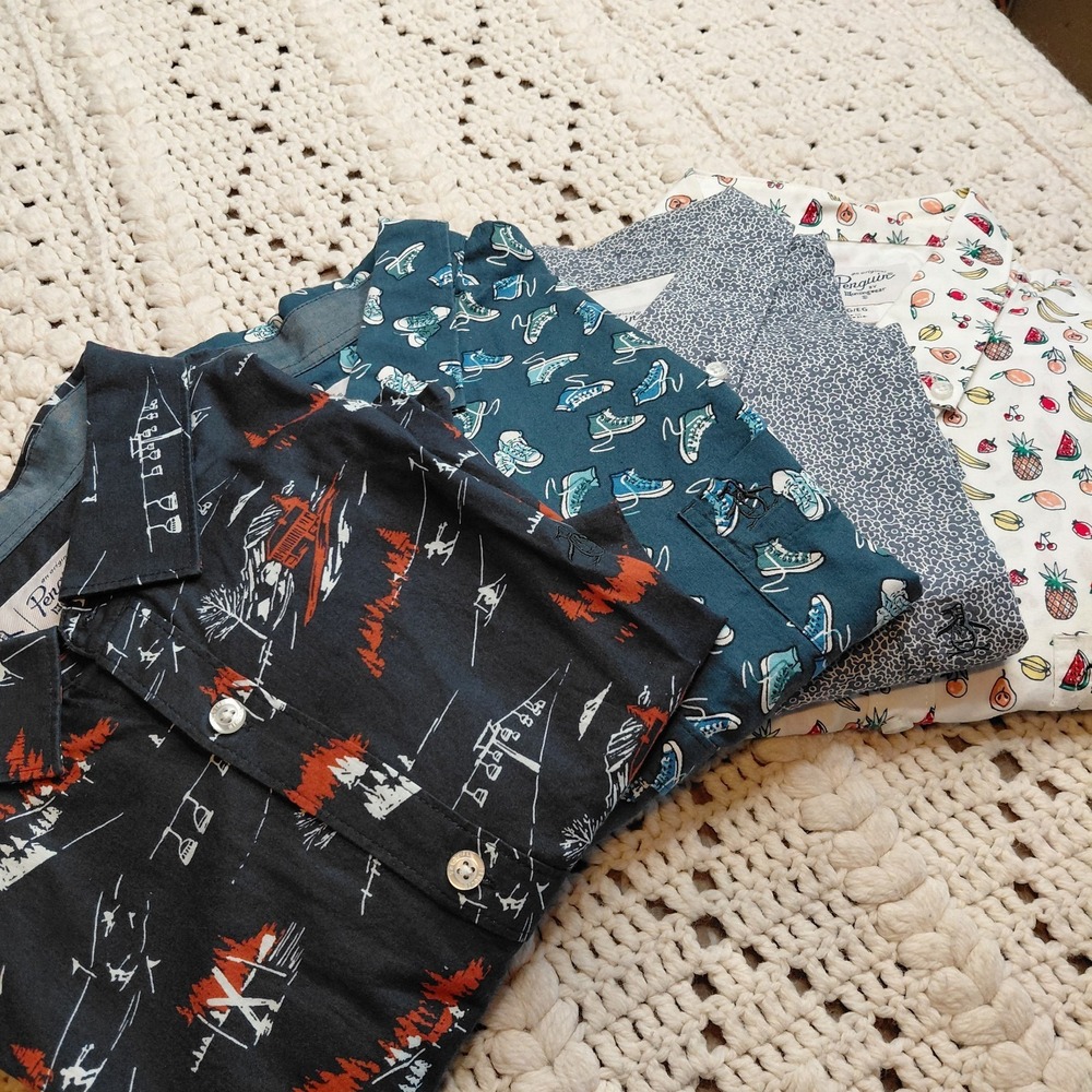 Lot 4 Penguin Mens XL Button Up AOP Graphic Shirt Funny‎ Humor Shoes Ski Fruit